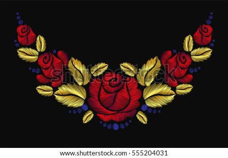 Embroidery crewel flower necklace traditional ornament decoration red roses leaves blueberry rich glowing golden gold design vector illustration vintage retro style design