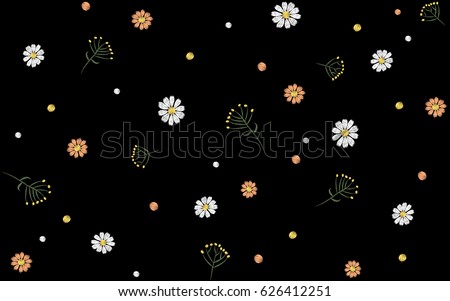 Flower seamless pattern. Field herbs daisy textile print decoration black background fashion traditional vector illustration vintage. Chamomile plant floral ditsy ornament art.