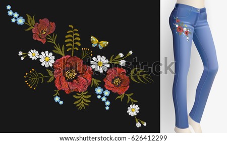 Embroidered flower patch rose poppy daisy herbs. Women slim jeans pair decoration floral ornament print sticker embroidery. Vintage fashion trendy design vector illustration art