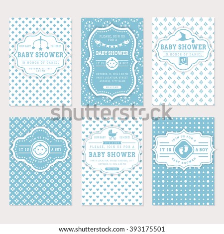 Baby shower set. Cute invitation cards for boy baby shower party. Vector collection on white and blue colors.