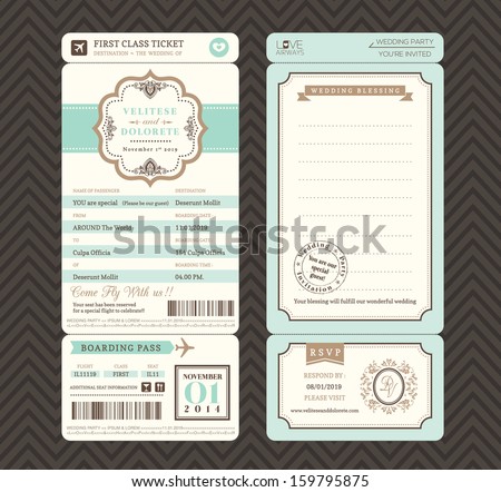 Vintage style Boarding Pass Ticket Wedding Invitation Template Vector