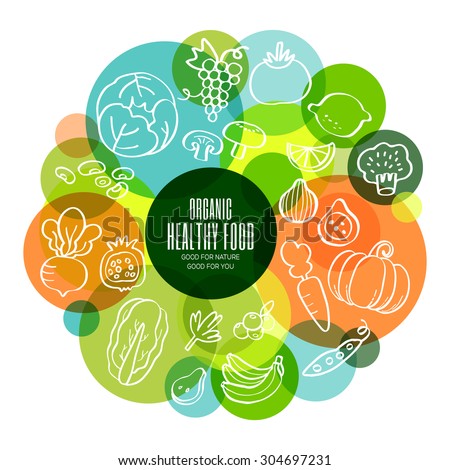 Organic healthy fruits and vegetables conceptual doodles illustration