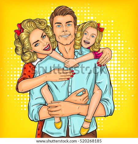 Vector illustration of a portrait of a happy family - father, mother and daughter