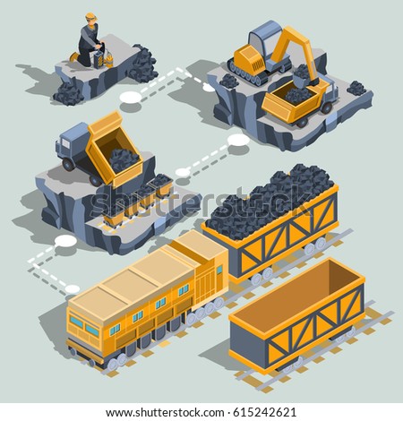 Set of vector isometric isolated elements, icons of the coal mining industry miner, excavator, dumper, coal trolleys, railway carriage