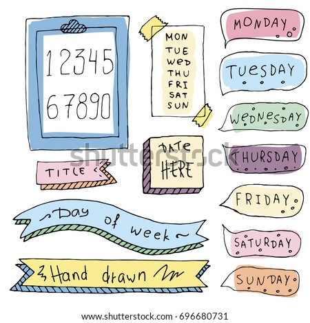 Set of Cute Hand drawn Doodle Banners isolated on white background for your Design. Day of week in speech cloud. Bullet journal Ideas. Girly Stuff.