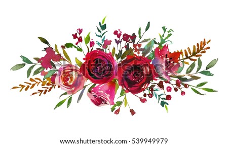 Watercolor Flowers Leaves Floral Bouquet Red Stock Illustration ...