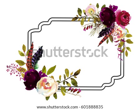 stock photo watercolor boho burgundy red white floral frame flowers levaes and feathers isolated 601888835