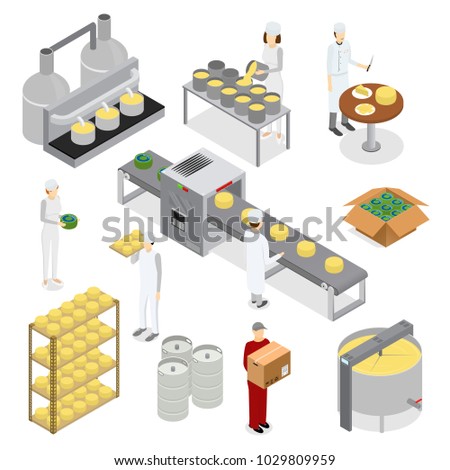 Factory Cheese Production Line Elements and Staff Isometric View Technology Service Process of Cooking Dairy Product Isolated on White Background. Vector illustration of Prepare Cheese