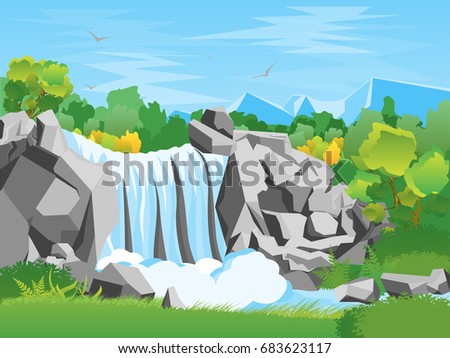 Cartoon Waterfall Landscape Background Flat Design Stock Vector ...