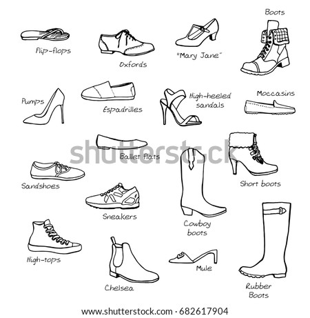 Cartoon Hand Drawn Sets Shoes Lots Stock Vector 682617904 - Shutterstock