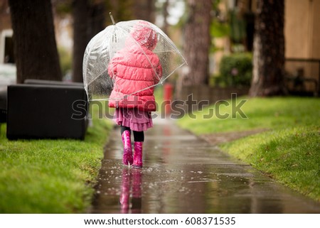 A young girl is playing in the much needed California rain.