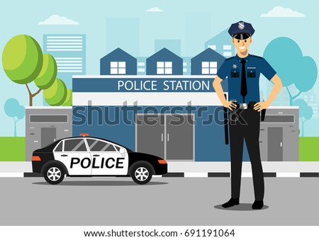 Policeman Police Car Front Police Station Stock Vector 691191064 ...