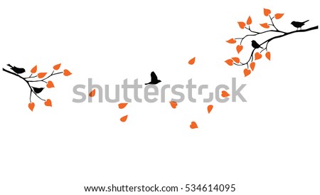 Vector tree branches with leaves and birds silhouettes