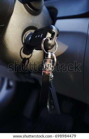 Istanbul, Turkey - August 14, 2017: Key and key chain with Symbol of The Honda. This photo was taken inside The Honda Civic 2017.