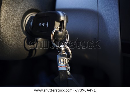 Istanbul, Turkey - August 14, 2017: Key and key chain with Symbol of The Honda. This photo was taken inside The Honda Civic 2017.