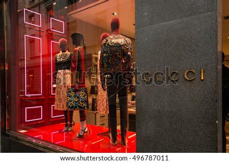 Milan, Italy - October 9, 2016: Shop window and entrance of a Gucci shop in Milan - Montenapoleone street, Italy. Few days after Milan Fashion Week. Fall Winter 2017 Collection.