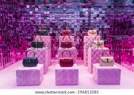 Milan, Italy - February 28, 2017: Shop window of a Gucci shop in Milan - Montenapoleone area, Italy. Few days after Milan Fashion Week. Gucci Bags Spring Summer 2017 Collection.