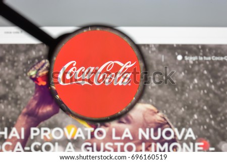 Milan, Italy - August 10, 2017: Coca cola website homepage. It is is a carbonated soft drink produced by The Coca-Cola Company. Cola logo visible.