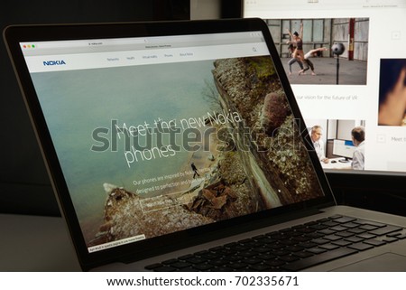 Milan, Italy - August 10, 2017: Nokia website homepage. It is a Finnish multinational communications, information technology and consumer electronics company. Nokia logo visible.