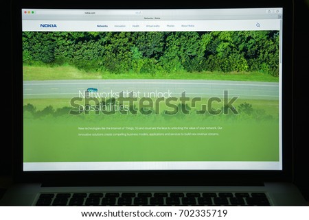 Milan, Italy - August 10, 2017: Nokia website homepage. It is a Finnish multinational communications, information technology and consumer electronics company. Nokia logo visible.