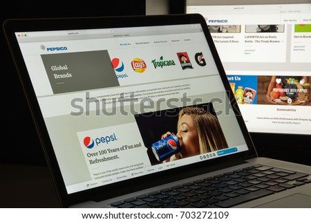 Milan, Italy - August 10, 2017: Pepsi co website homepage. It is an American multinational food, snack, and beverage corporation. Pepsico logo visible.