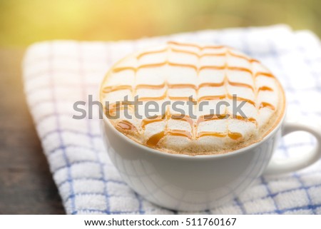 Coffee Cup Of Latte Art Caramel Topping On Dish Towel Sunlight Background Cappuccino Hot Coffee Cup Of Latte Art Caramel Topping On Dish Towel Sunlight Background Cappuccino Hot