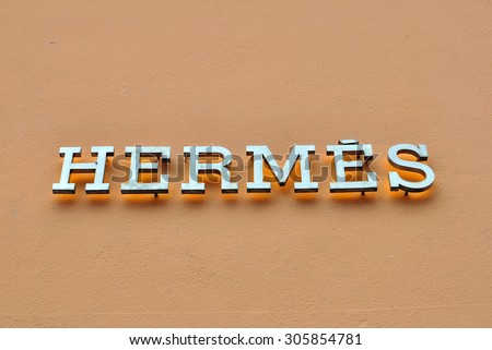 CHAMONIX, FRANCE - AUGUST 9: Logo of Hermes store in Megeve town on August 9, 2015. Hermes is a world famous luxury fashion couture.