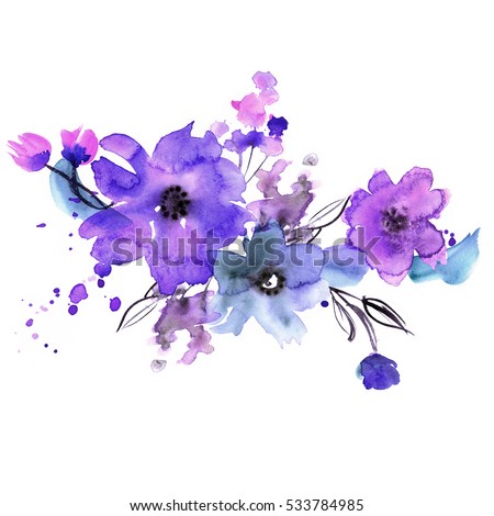 Cute watercolor hand painted flowers. Invitation. Wedding card. Birthday card.