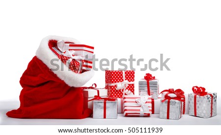 Bag of Santa Claus with gifts on white background