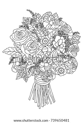 Hand Drawn Bouquet Sketch For Anti Stress Adult Coloring Book In Zen Tangle