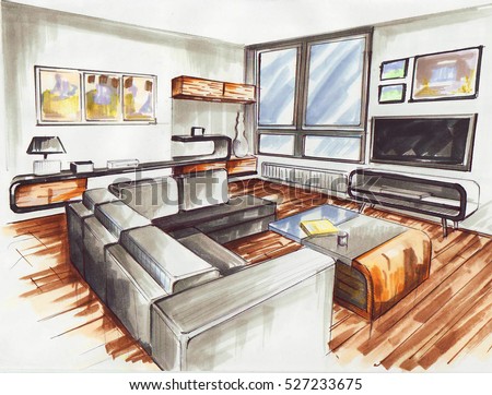 perspective living a of interior room Stock Free Sketch Images, Design Royalty Interior Images