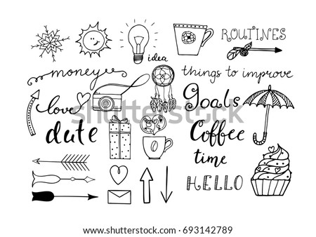 Hand drawn doodle set for notebook or bullet journal isolated on white background. Vector illustration.