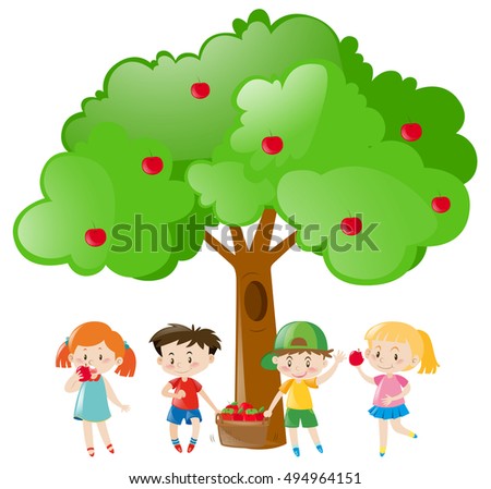 Cartoon Children Playing Illustration Apple Tree Stock Vector 183727826 ...