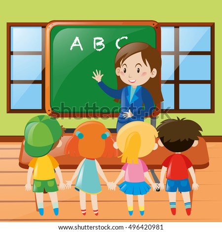 Vector Illustration Kindergarten Teacher Students Looking Stock Vector ...