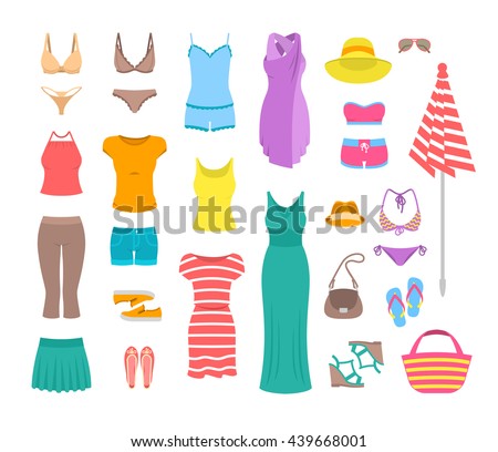 Summer Female Outfit Flat Vector Icons Women Clothes And Accessories Collection For Vacation Casual Summer Female Outfit Flat Vector Icons Women Clothes And Accessories Collection For Vacation Casual