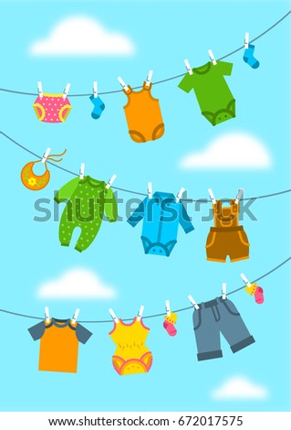 Baby clothes hanging on ropes with clothespins. Vector flat vertical background. Newborn kid welcome banner. Baby shower party cartoon card. Garments for little boy and girl drying on sky backdrop