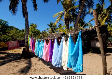 Colored landry hang up in a village of Nosy Iranja island, in Madagascar