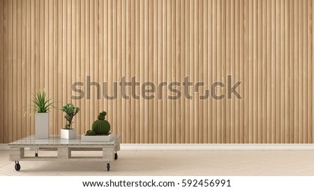 Empty Room With Diy Pallet Table And Succulent Potted Plants On Herringbone Parquet Wooden Wall Empty Room With Diy Pallet Table And Succulent Potted Plants On Herringbone Parquet Wooden Wall