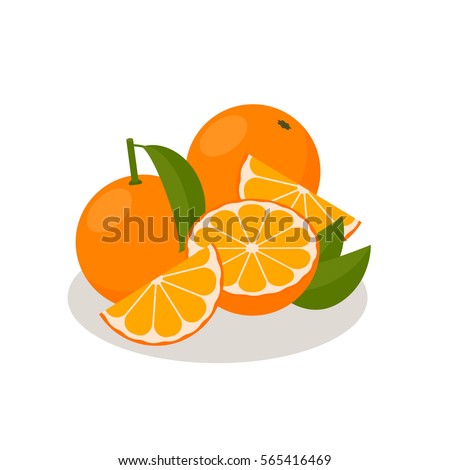 The Icon Is Orange. Set with whole fruit and a half, with leaves and without. Vector illustration in a flat style.