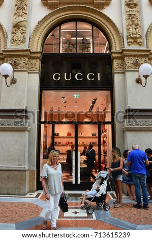 MILAN, ITALY - SEPTEMBER 7, 2017: Facade of Gucci boutique inside Galleria Vittorio Emanuele II the world's oldest shopping mall, Milan, Italy