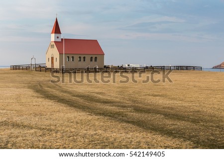 Church and graveyard in remote grassland on the Snaefellsnes peninsula ...