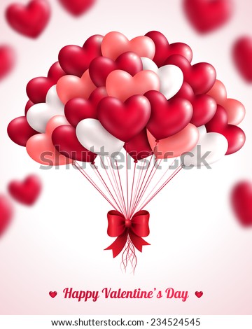 Valentine's day background with heart balloons. Vector illustration. Bunch of pink and red balloons. Festive background for Mothers day or Womans Day.