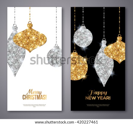 Merry Christmas and Happy New Year Flyers. Background with Silver and Gold Hanging Baubles. Vector illustration. Gold Glitter Texture. Sequins Pattern. Glowing Invitation Template.