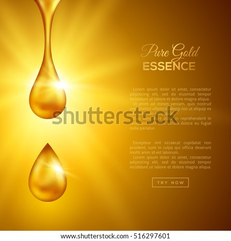 Golden Oil Drops on Yellow Background with Shining Rays. Collagen Essence or Gold Serum Droplets. Vector Illustration. Concept for Cosmetics, Beauty and Spa Brochure or Flyer.