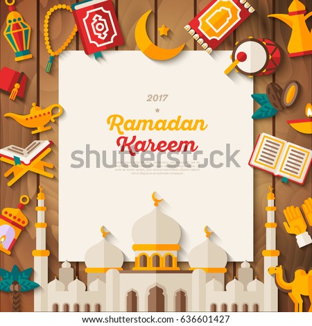 Ramadan Kareem Concept Banner Flat Sticker Stock Vektörü 