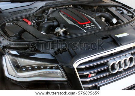 Kiev, Ukraine; April 10, 2014. Engine and logo Audi S8 . Editorial photo.