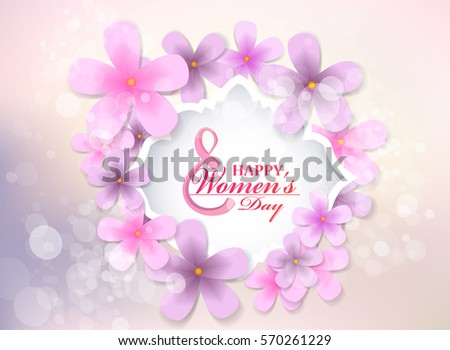 March 8 Women's Day. Beautiful label with pink flowers.