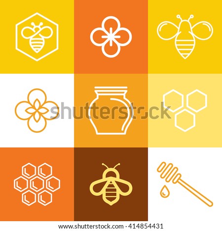 Vector logo and packaging design templates in trendy linear style - natural and farm honey concepts - labels and tags with bees, honeycombs and flowers