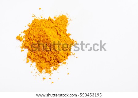 Heap of turmeric. Isolated on white. Empty space for text or inscription. Top view.