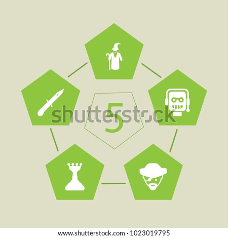 Set of 5 game icons set. Collection of strategy, pirate, infantry knife and other elements.